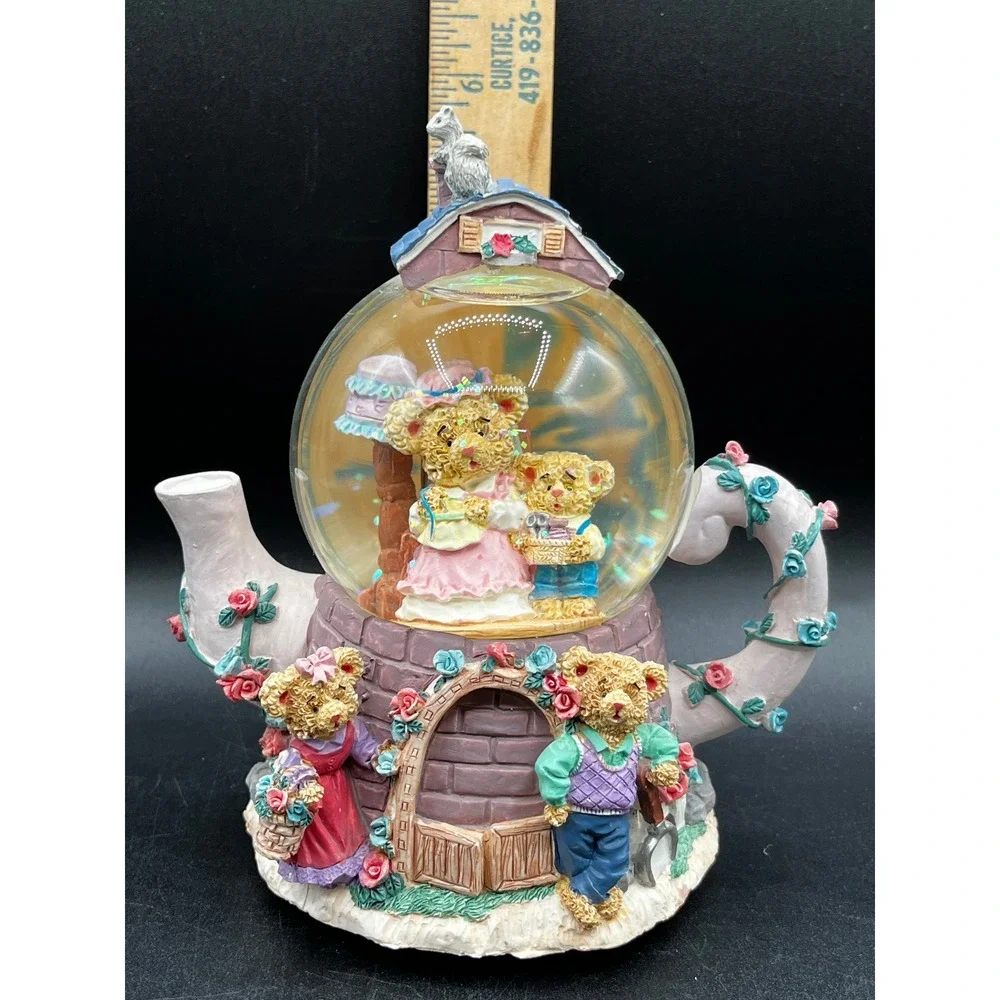Vtg Resin Musical Teddy Bear Tea Party Teapot Snow Globe Music Box 6